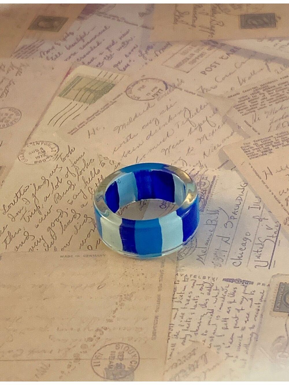 y2k Bold Blue Striped Resin Ring - Fun Statement Jewelry